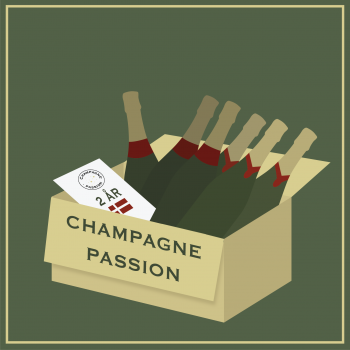 Champagne Passion fødselsdagskasse, 6 forskellige flasker champagne. Illustration af Jacob Ackey Wolf